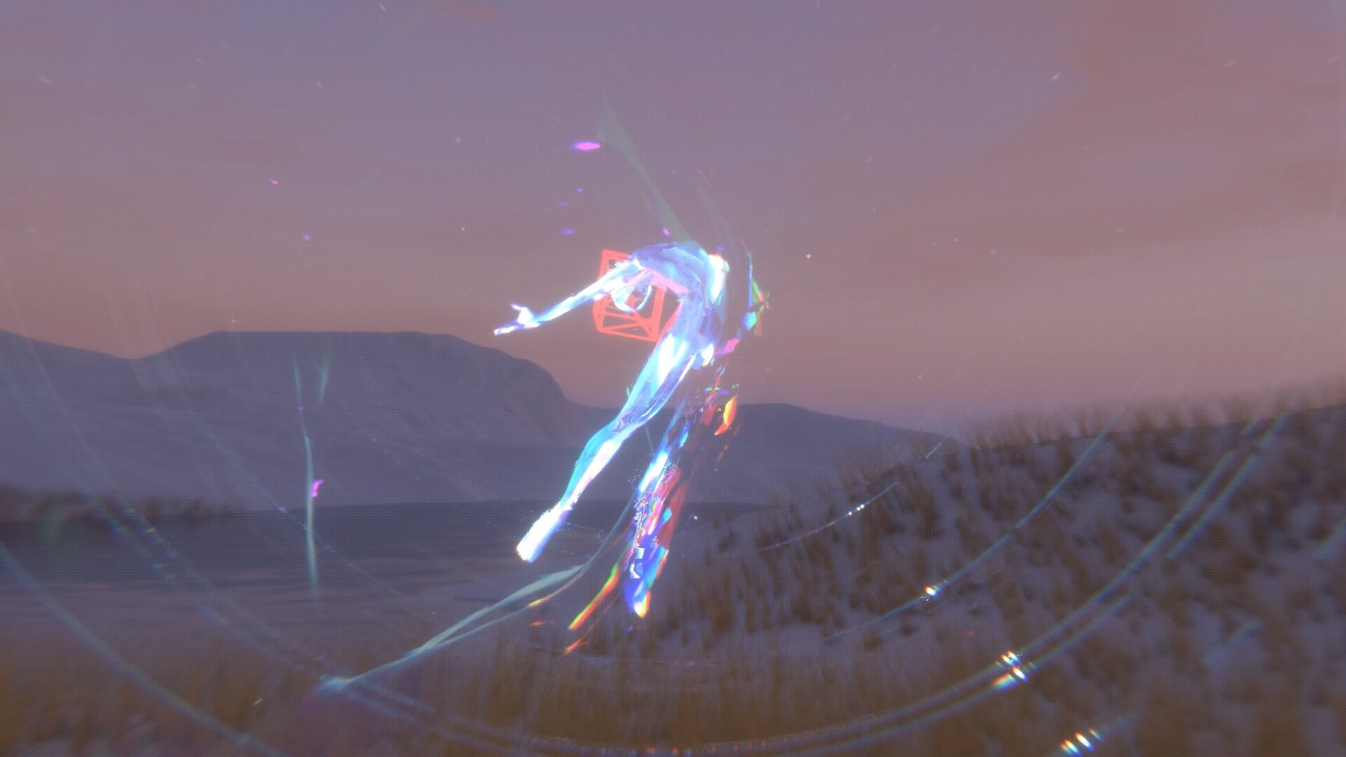 Digital artwork showing a bright stylised figure jumping in front of a hazy mountain background.