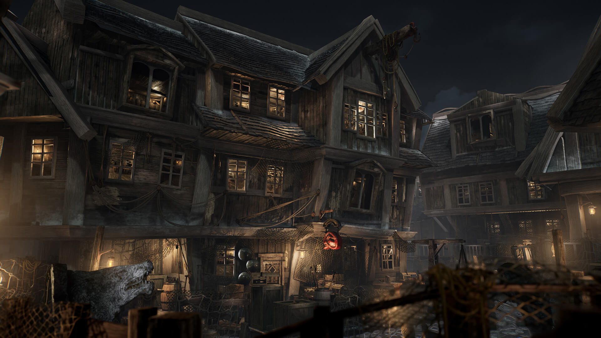 Medieval village scene focussing on red drunken dragon wooden pub