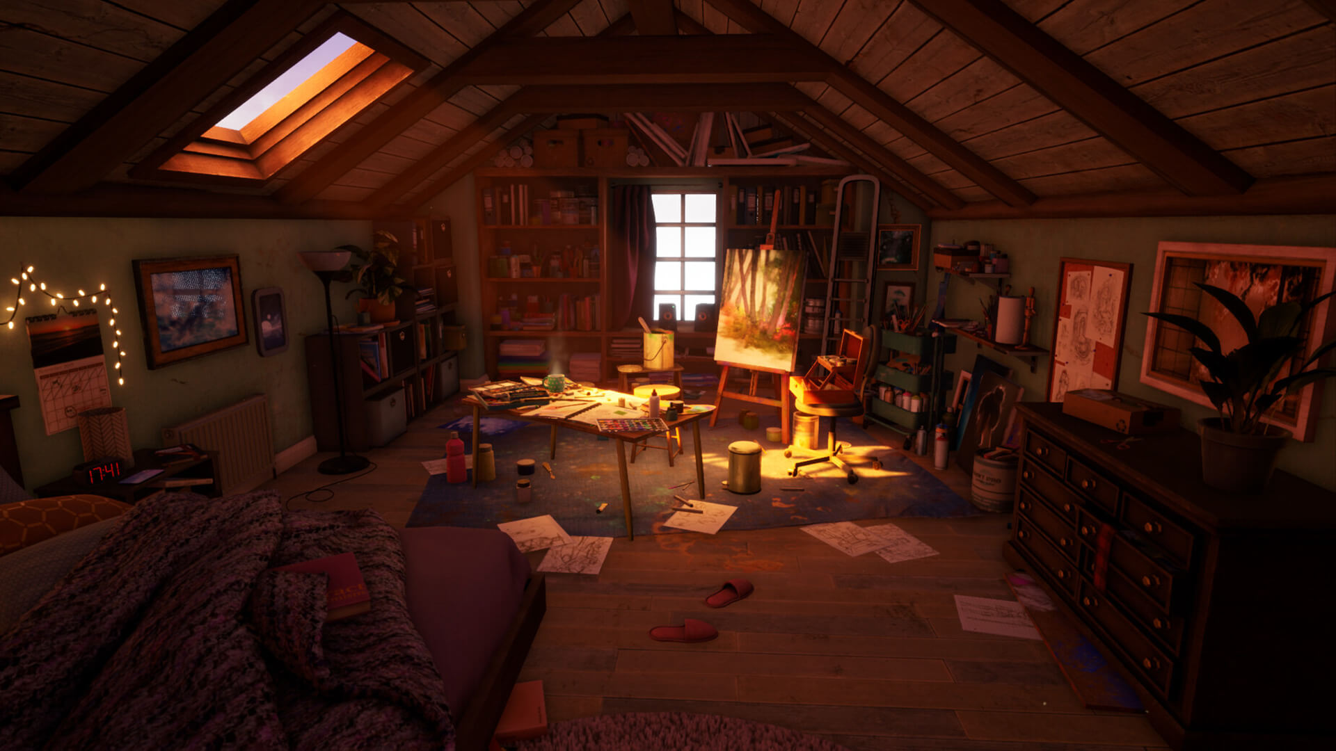 Inside an artists bedroom in the wooden eaves of the house