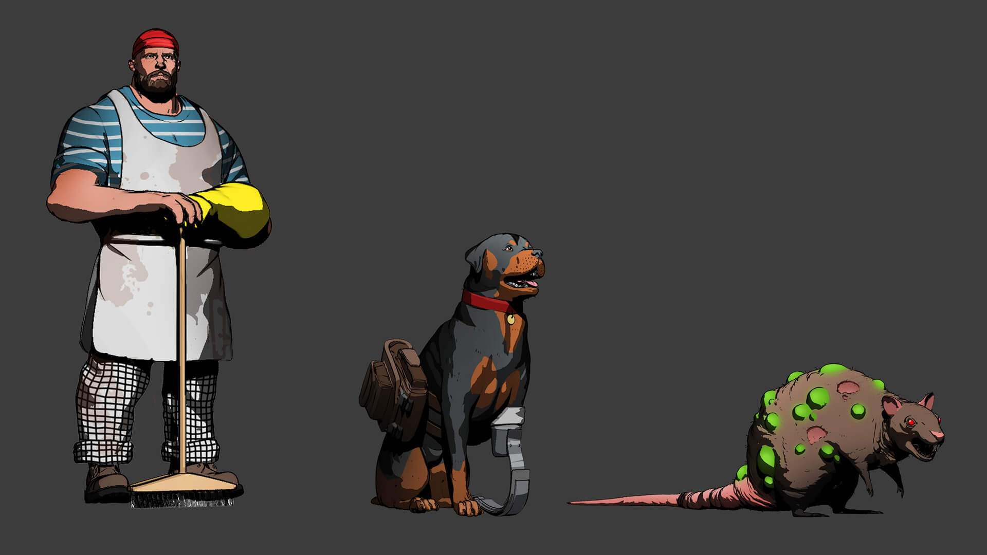 Three animated characters of a man cleaning up, a dog with three legs and a rat