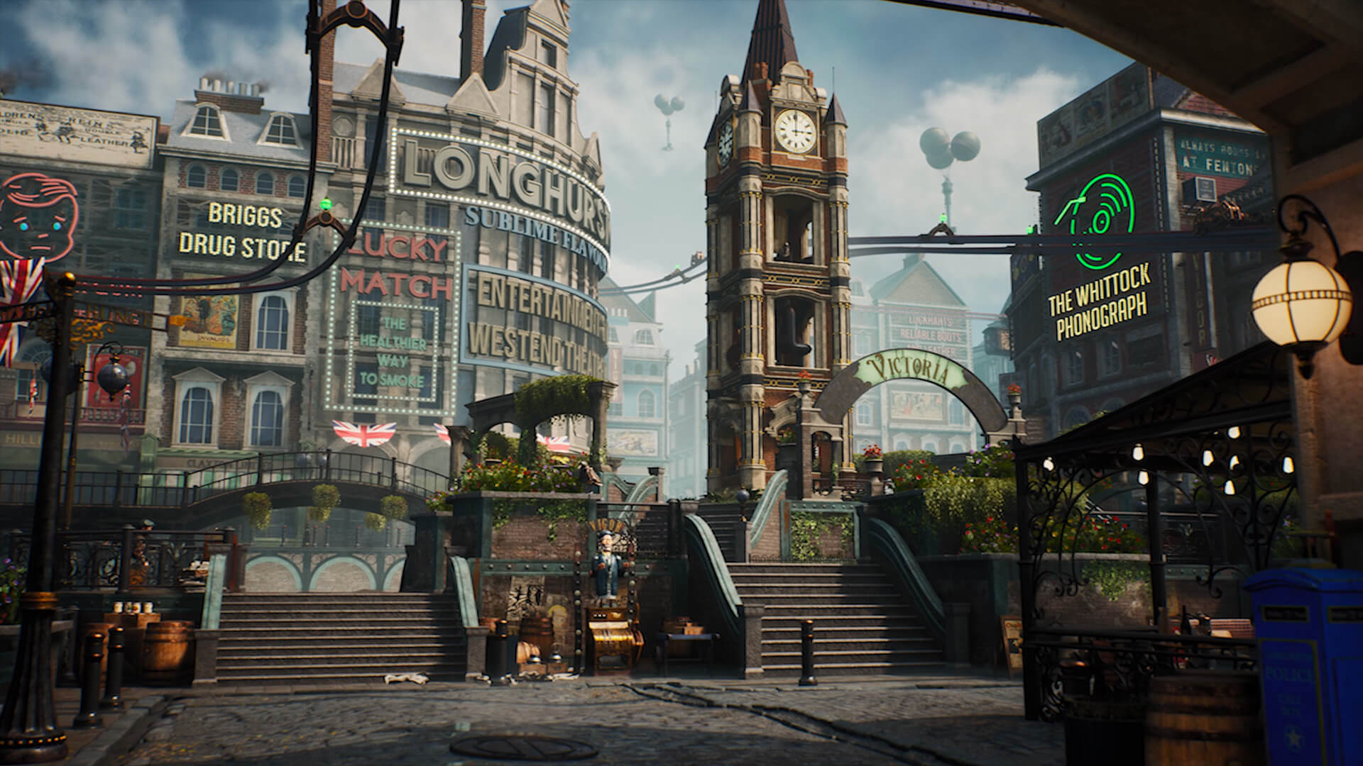 A clock tower in the centre of a courtyard in a futuristic setting