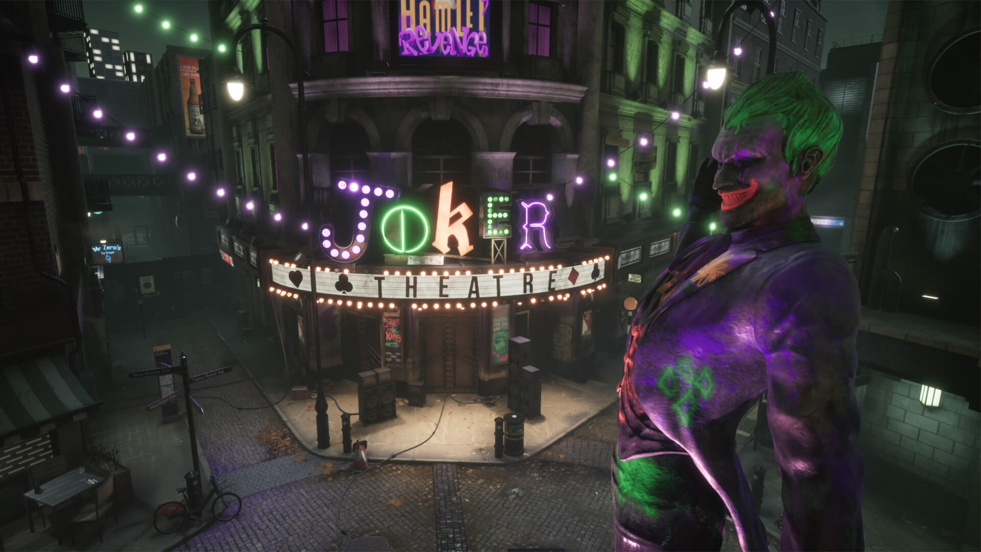 Statue of Joker from Batman in front of Joker theatre, grunge themed
