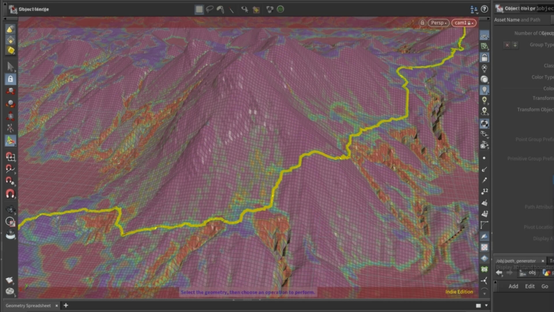 A screenshot of a vehicle's path being mapped across a hilly landscape using houdini software