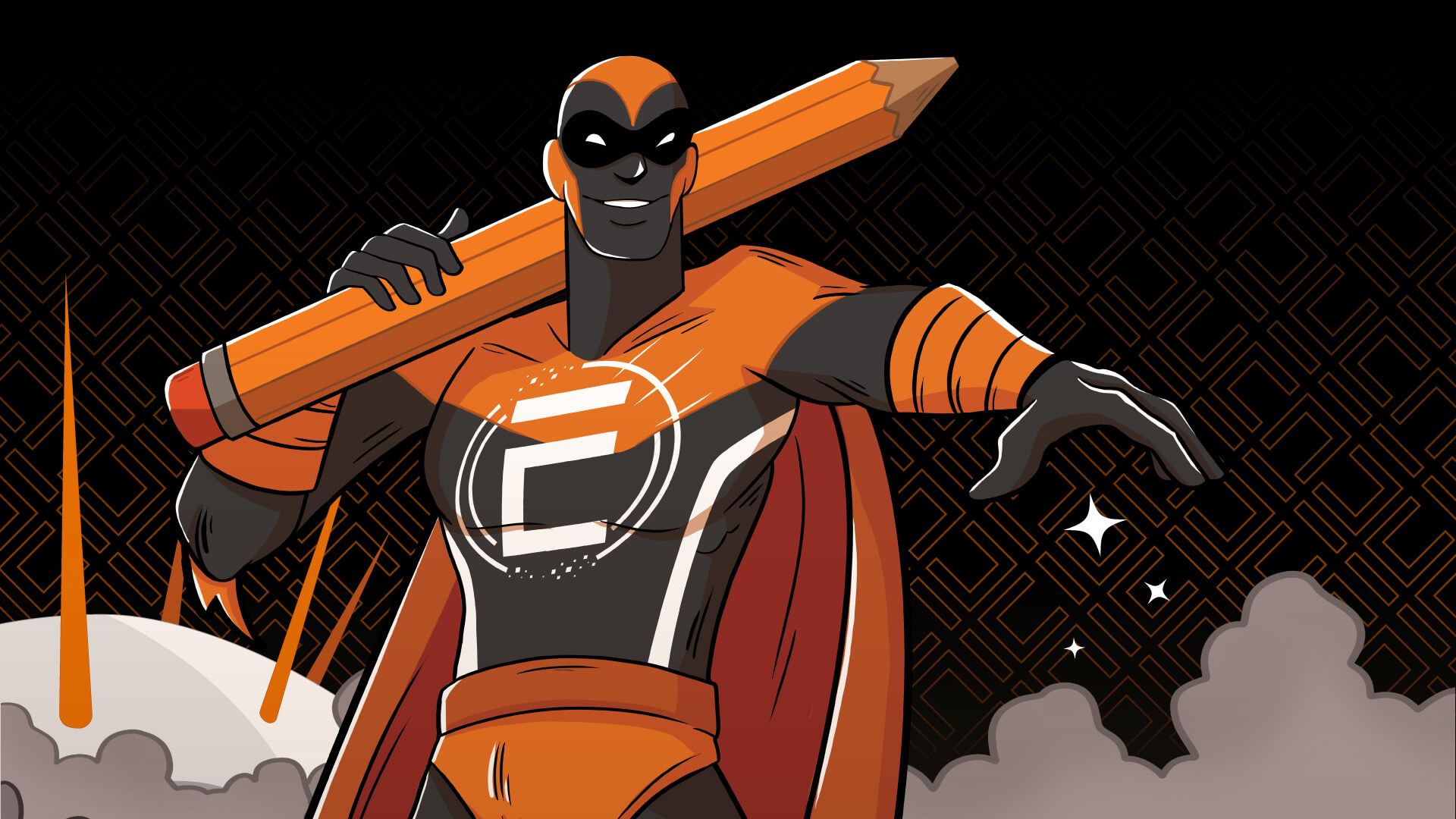 Comic artwork of a superhero wearing a cape and an Escape Studios themed outfit, holding a giant pencil on their shoulder, stood in front of the O2