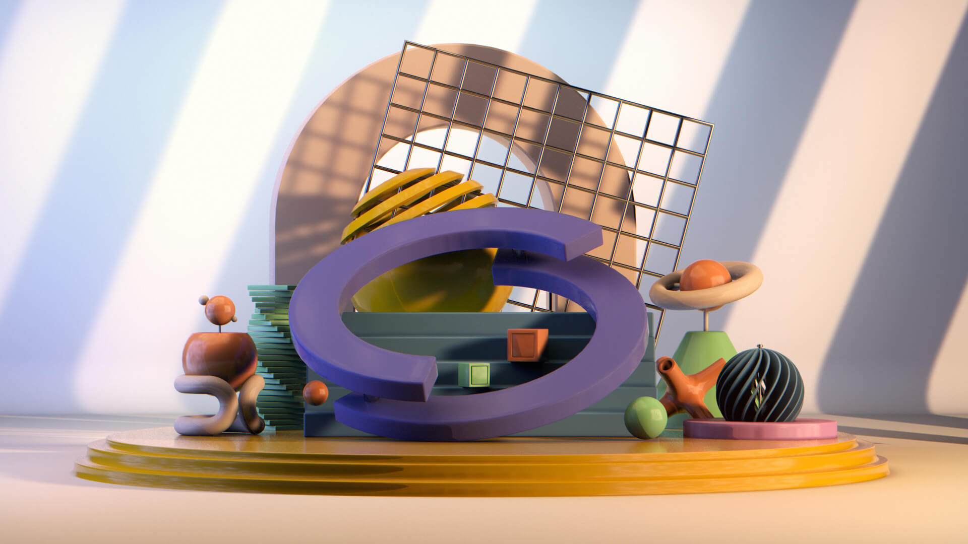 Motion graphics work with multicoloured 3d shapes on a platform