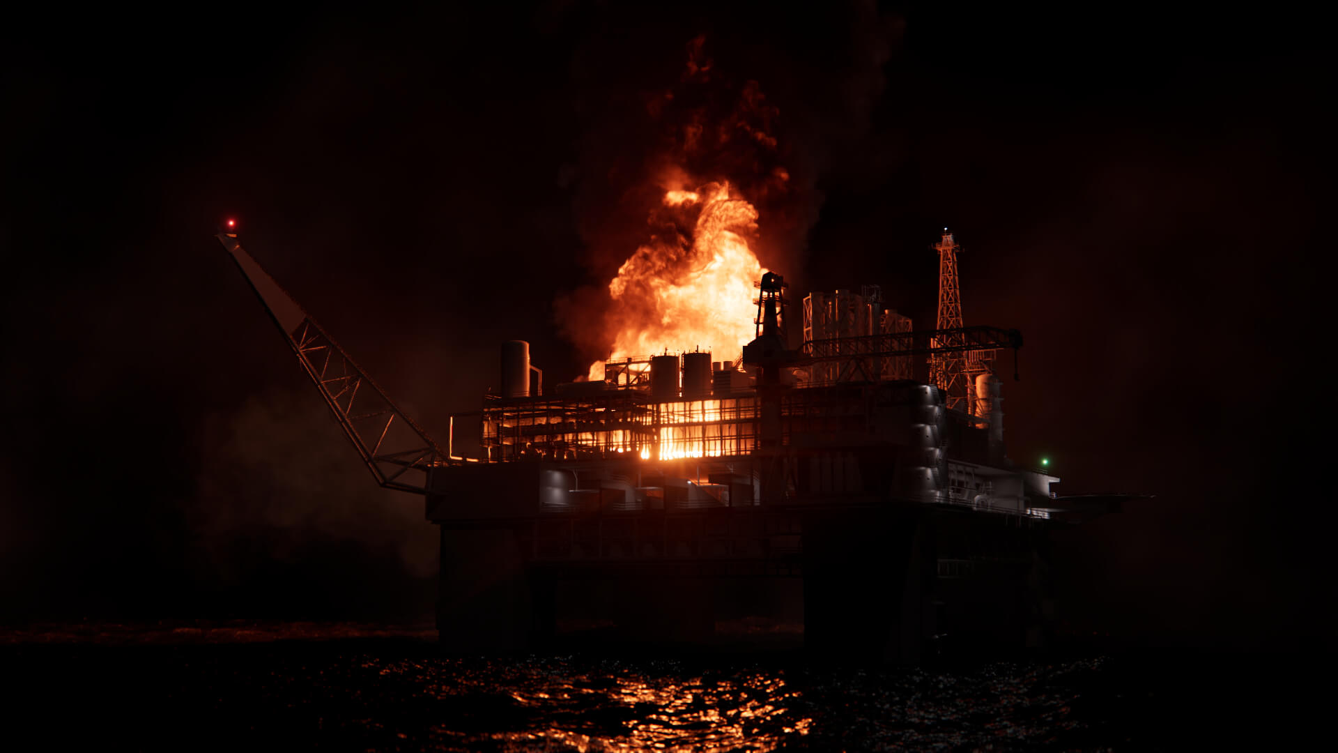 An explosion on an oilrig at sea at night