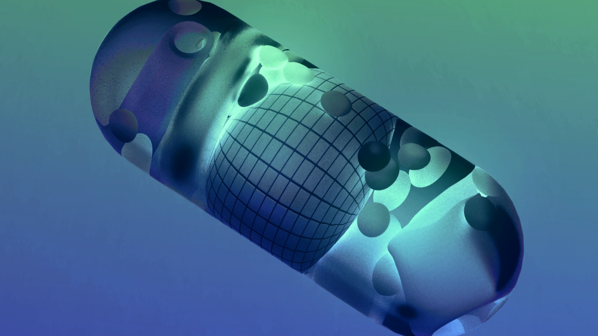 Motion graphics work showing abstract 3D shapes moving about inside a large clear pill shape, all in shades of blue.