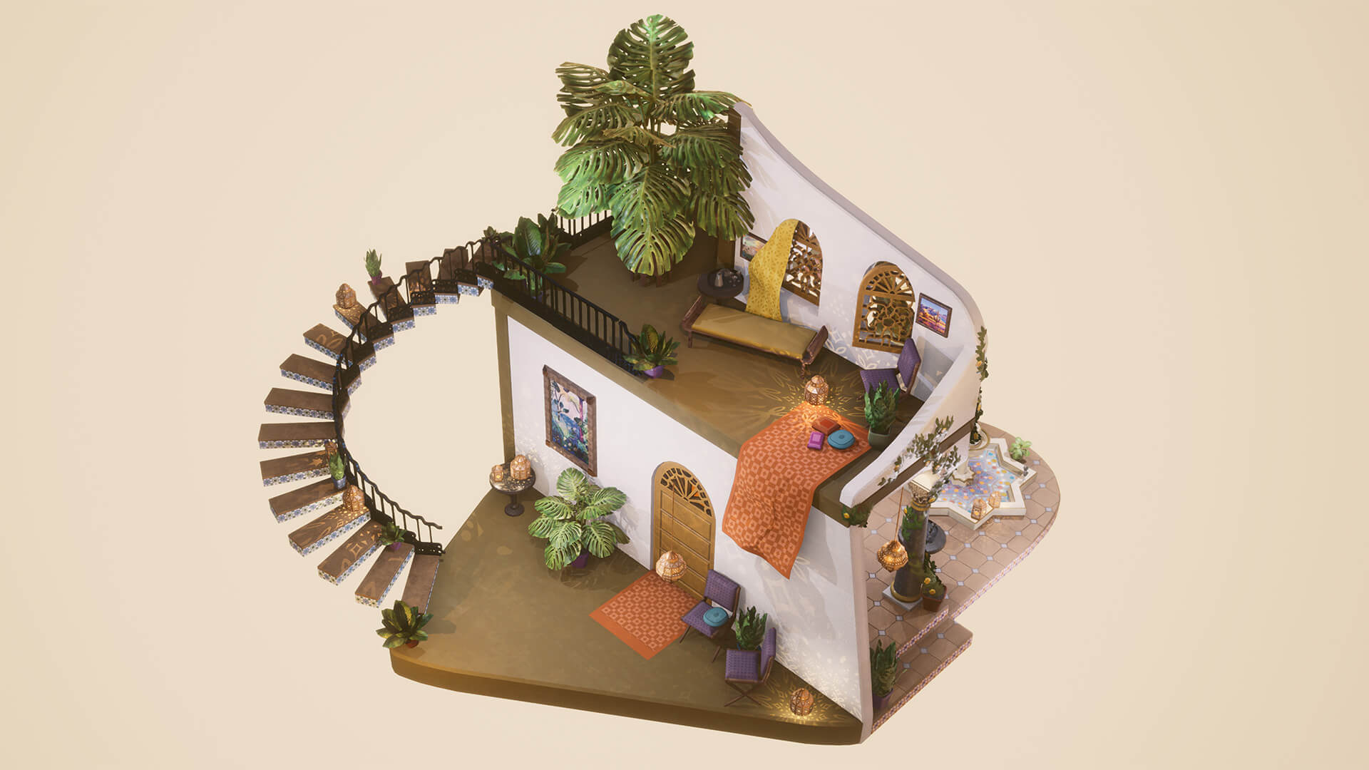 Moroccan courtyard diorama house with stairs and plants