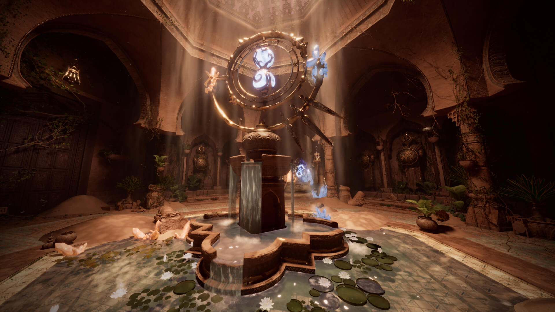 Student games project showing a central stone fountain with glowing blue light details