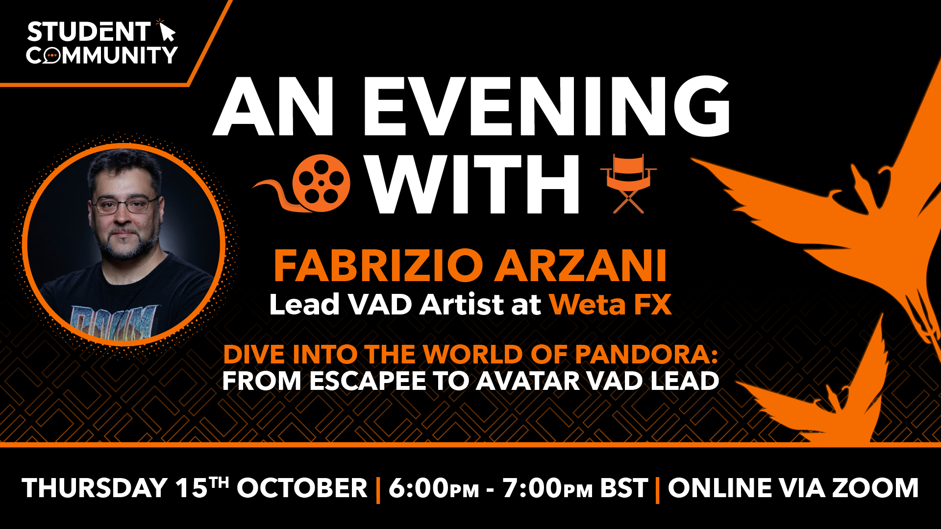 Promotional webinar graphic featuring Fabrizio Arzani, Lead VAD Artist at Weta FX, advertising an online Student Community event about working on Avatar.