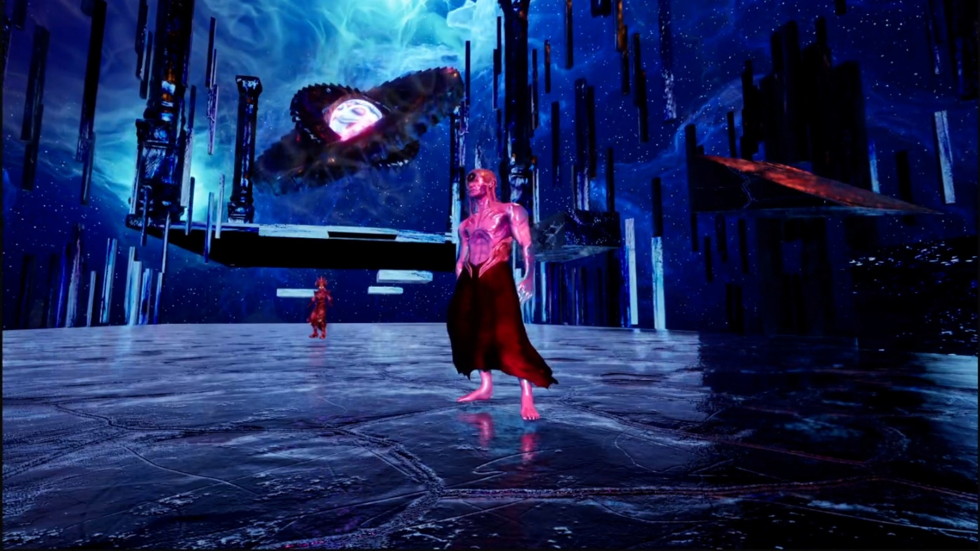 Student game design work shows a purple figure standing in a futuristic space scene.