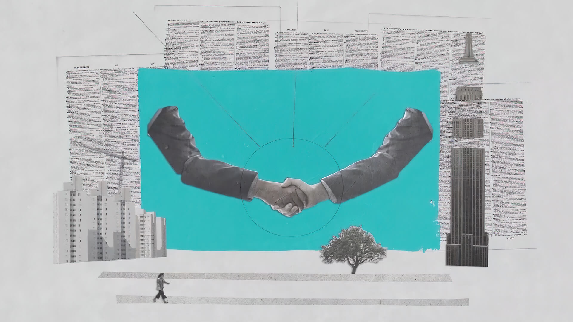 Two arms shaking hand on a blue background surrounded by newspaper clippings