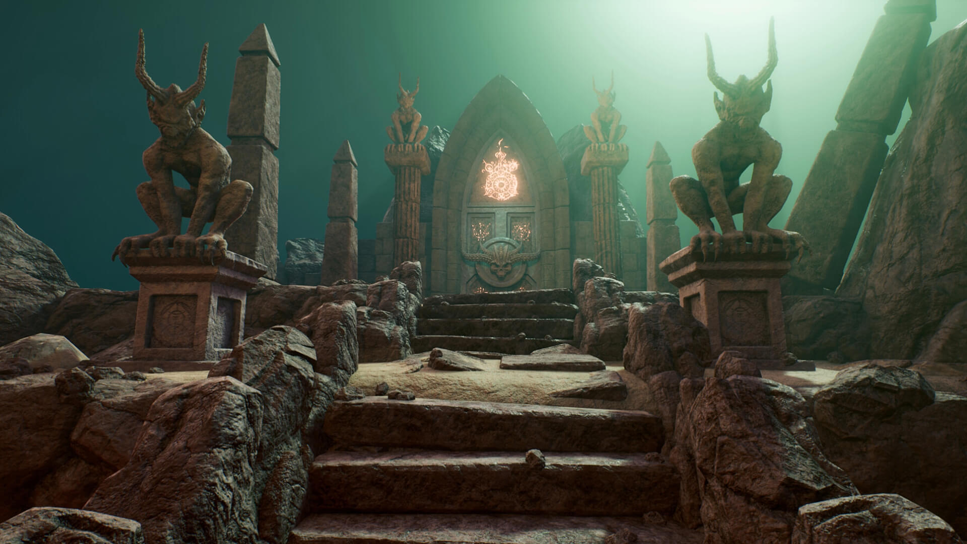 Stone statues lining a path to a stone gate, with firey magic effect