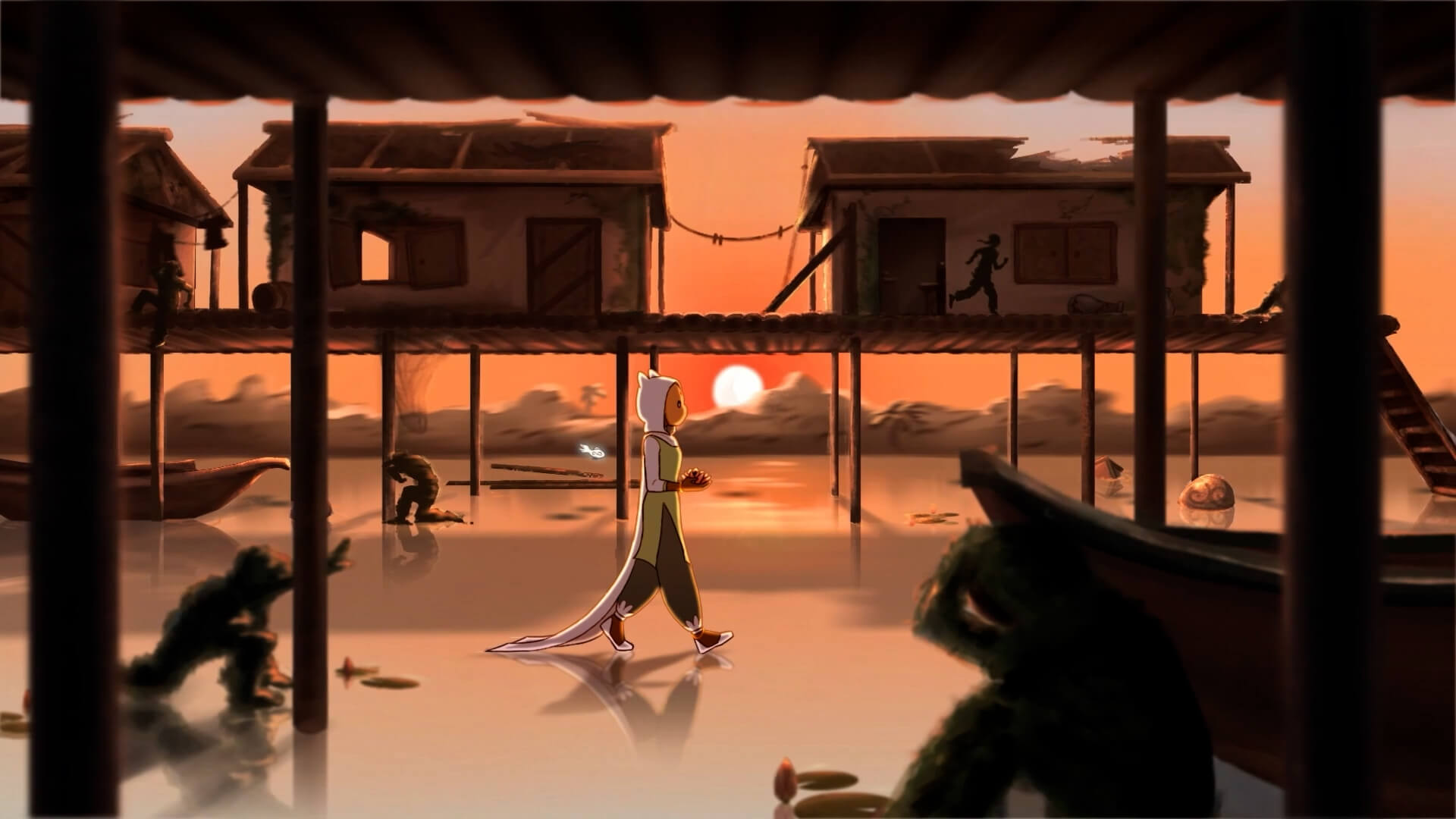 Animation student work showing a woman wearing a mask walking on water under a village on a raised wooden platform