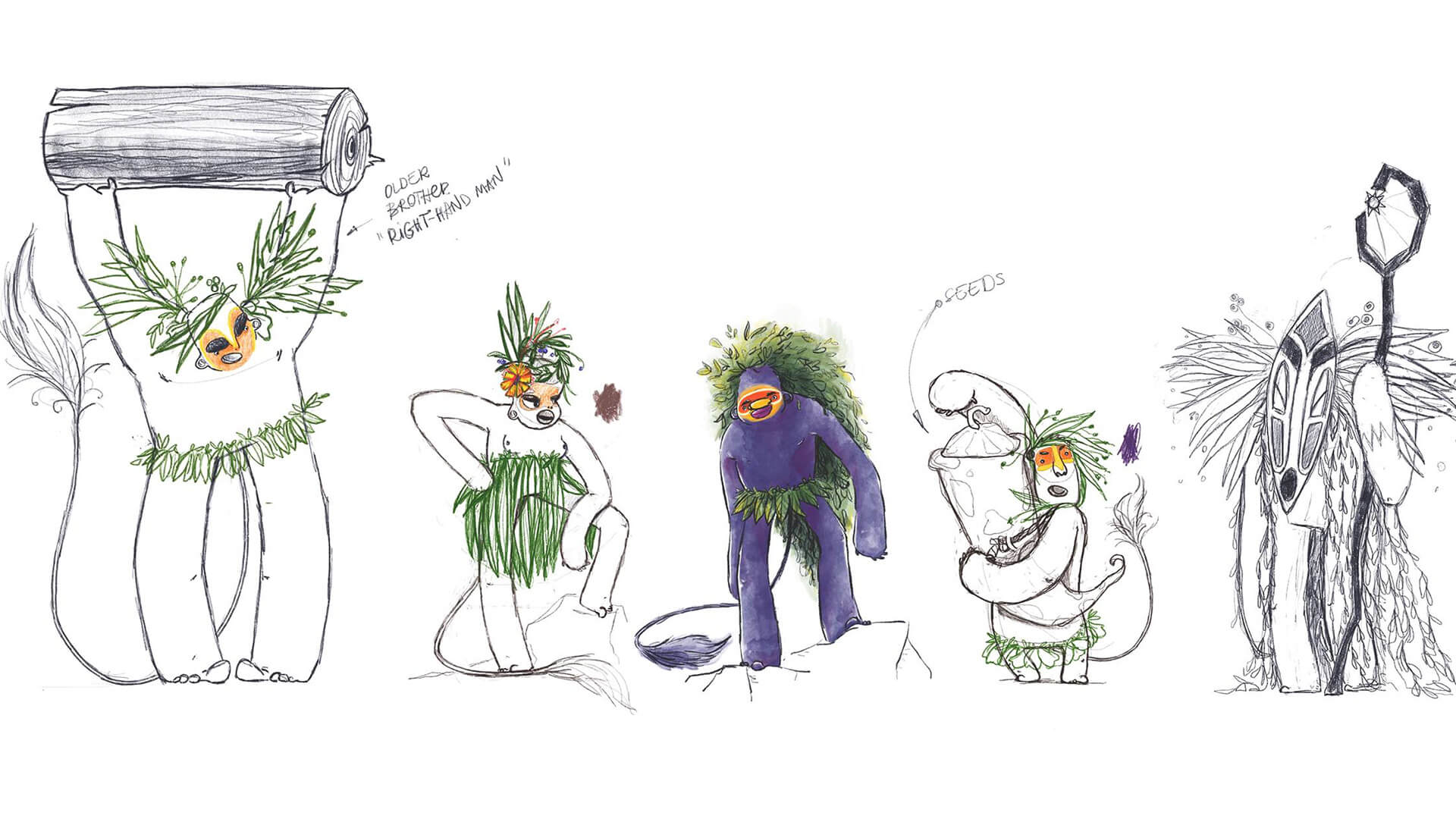 Five sketches of a character on a white background