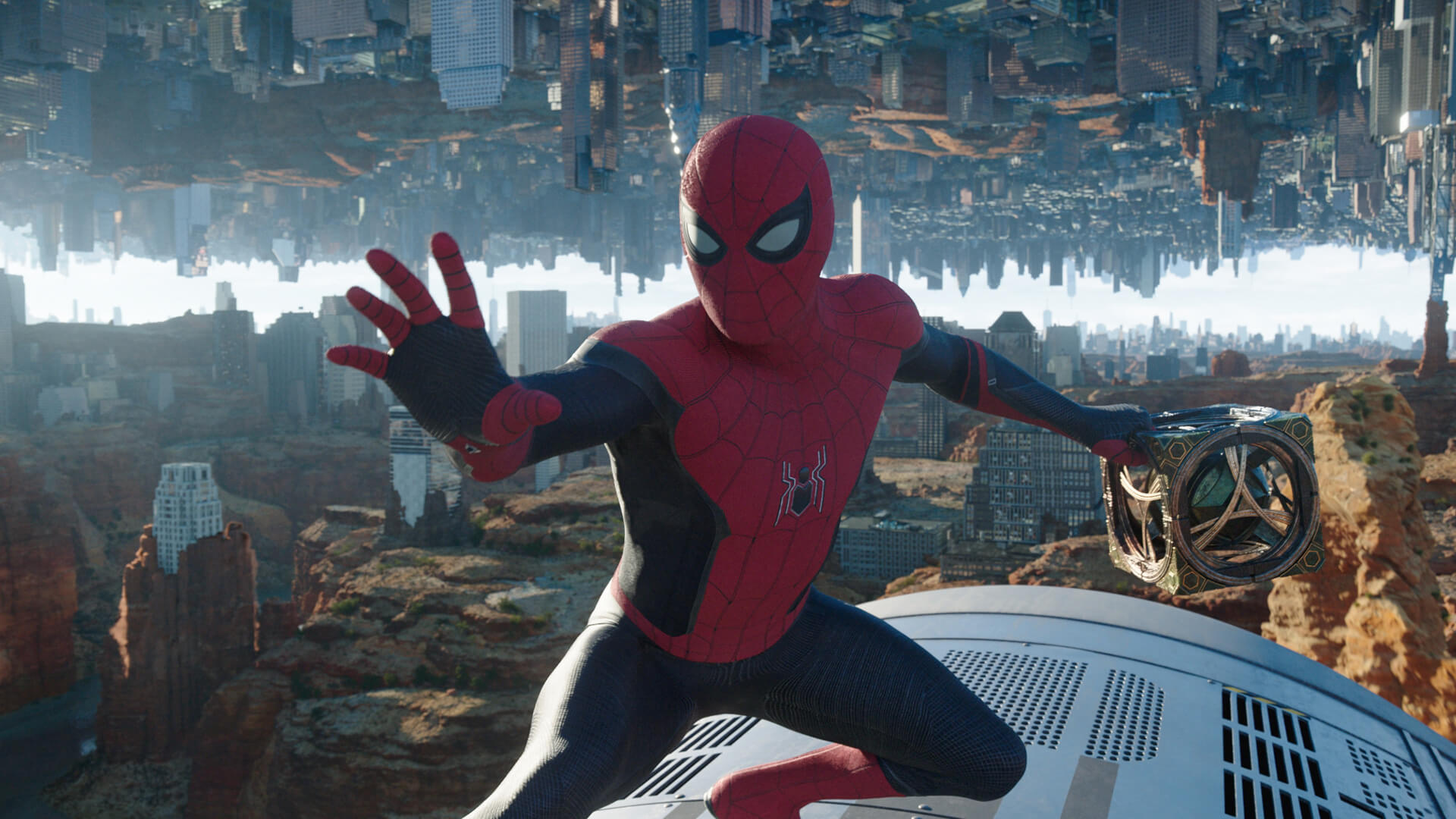 Spiderman character with New York skyline above and below