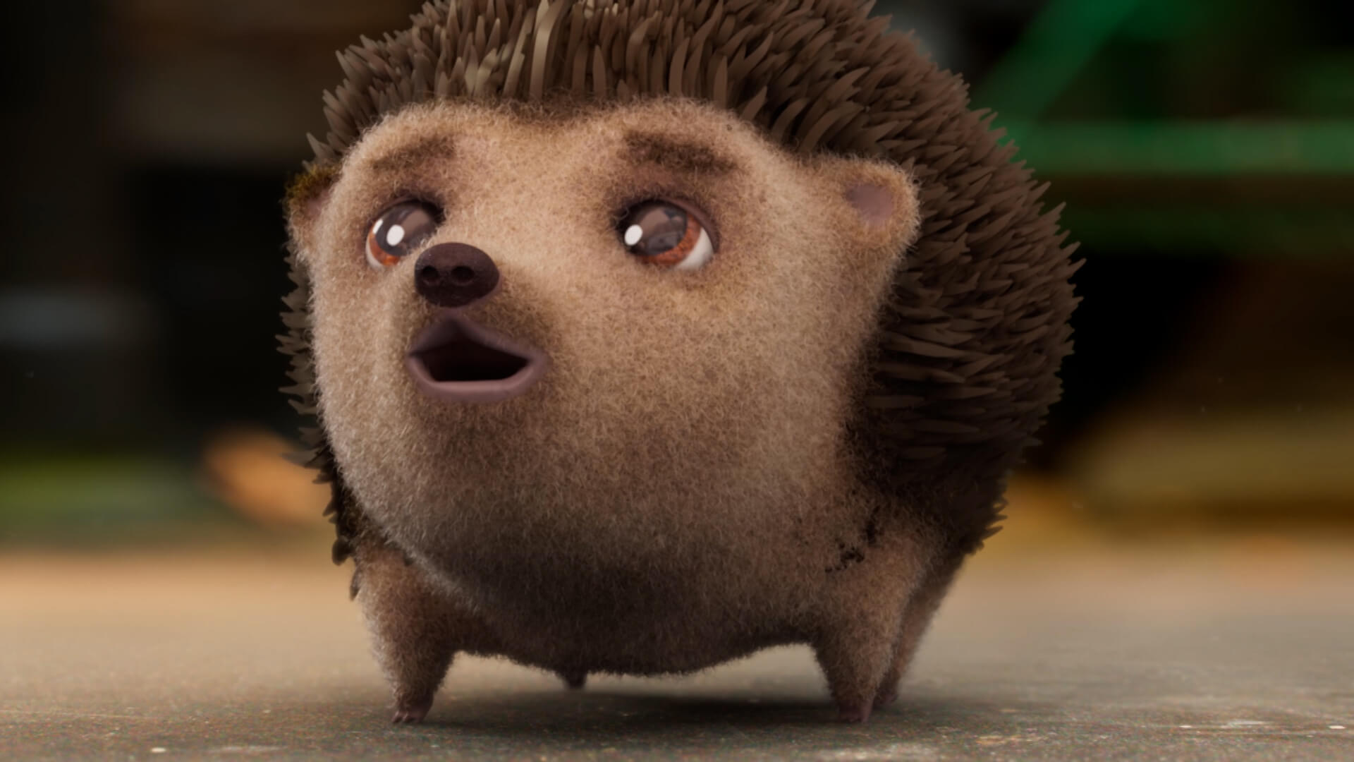 Cute 3D animation hedgehog with big brown eyes looking up in awe