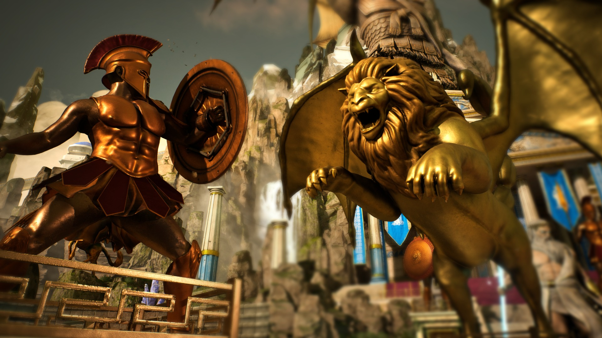 A CG game environment showing golden statues of a roman centurion and a winged lion in front of a roman temple and mountains.