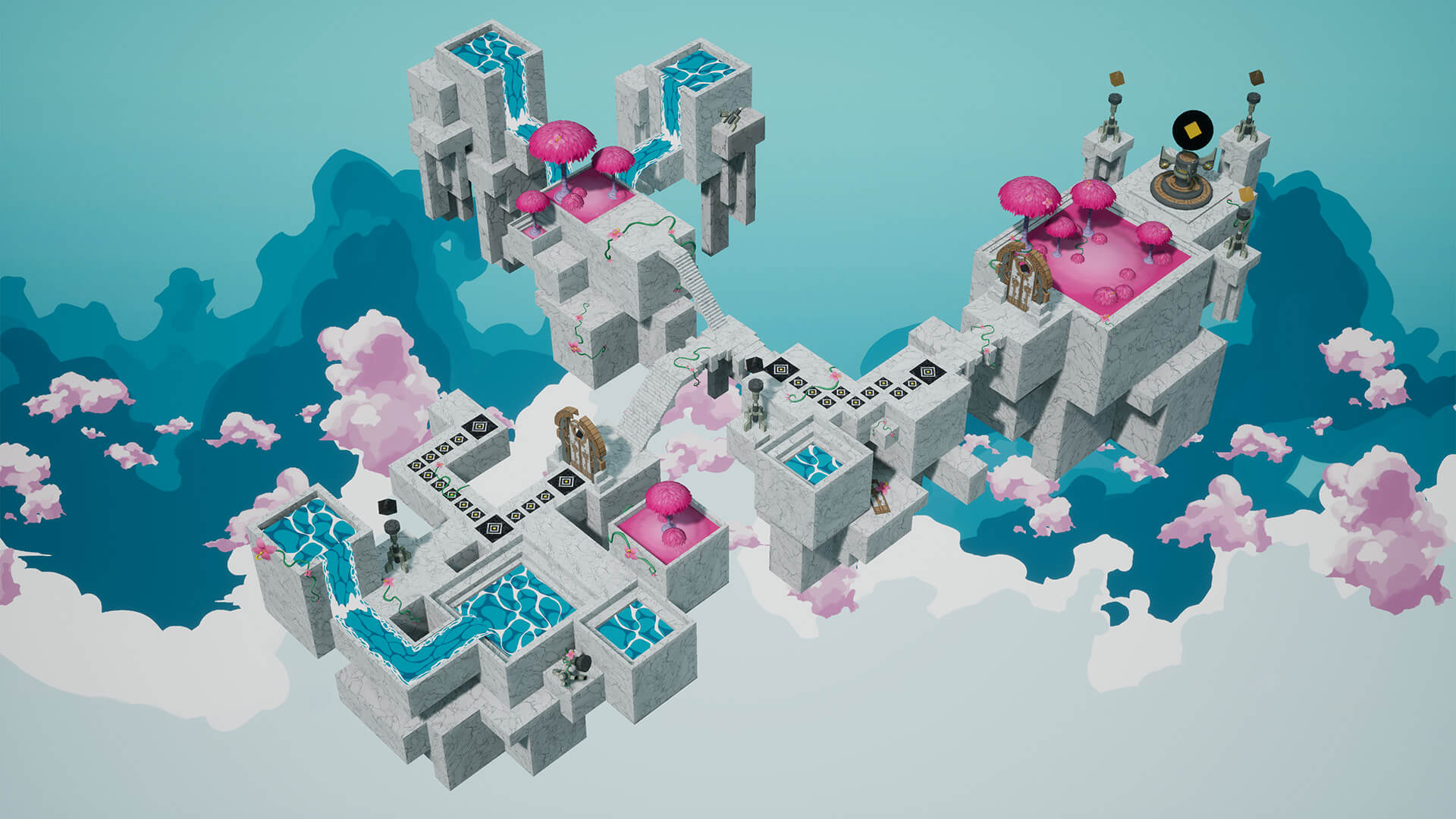 A floating pink and grey marble diorama