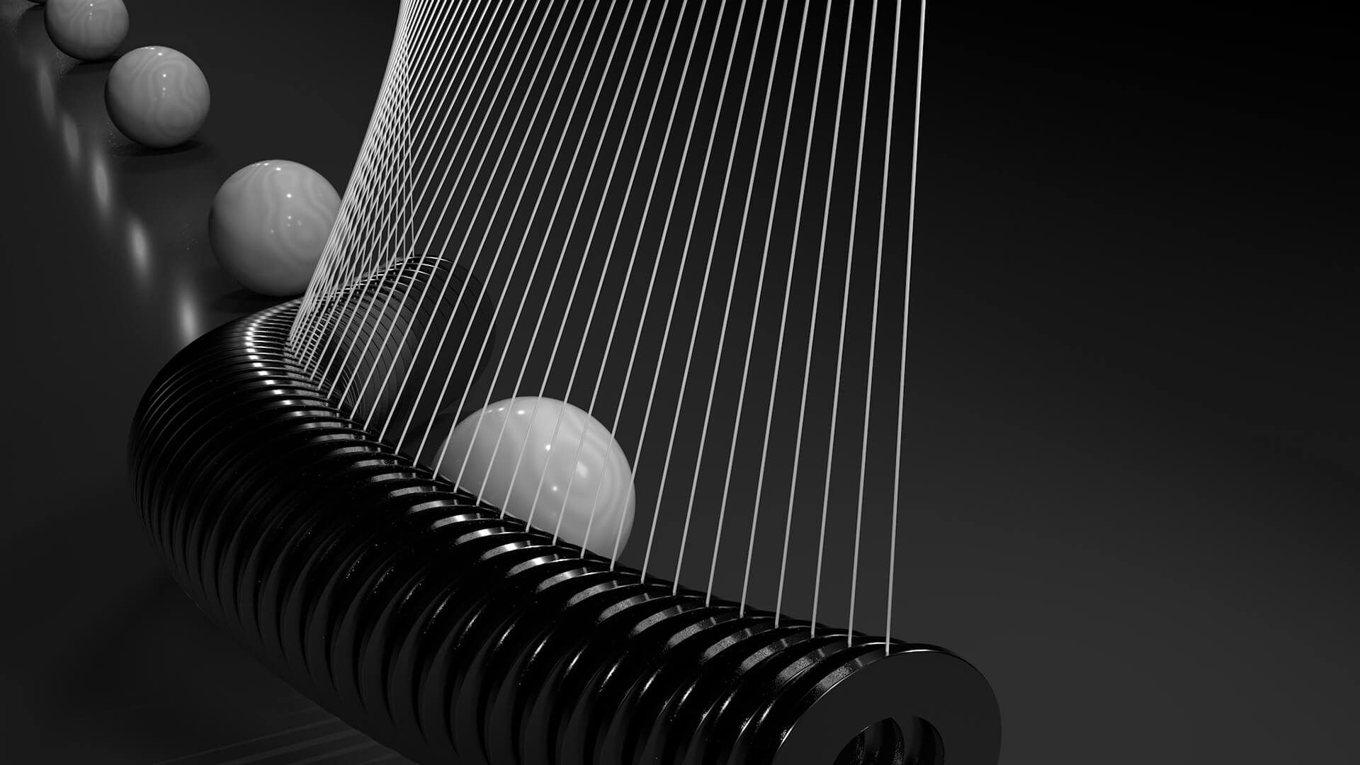 Cylinders attached to metal rods with white balls either side