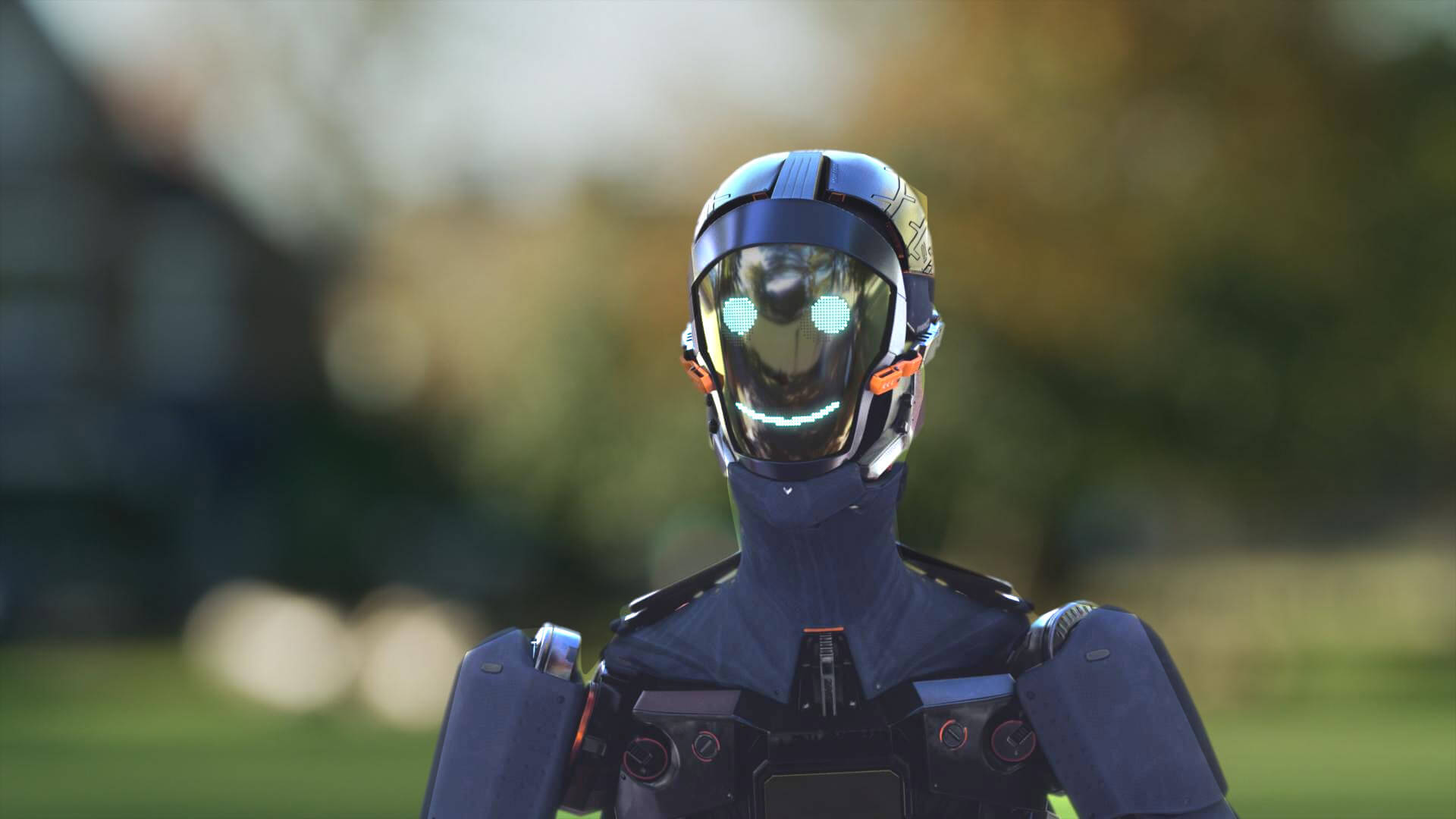 Science fiction robot with digital smiley face