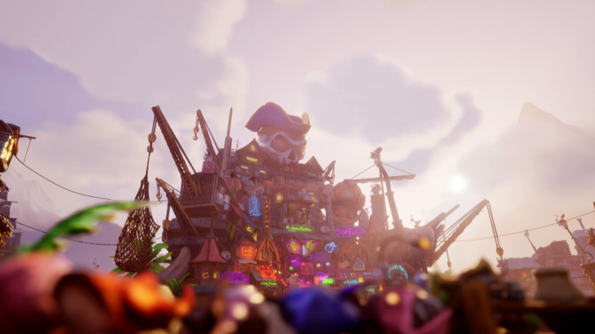 a game environment showing a heavily decorated pirate ship against a cloudy sky.