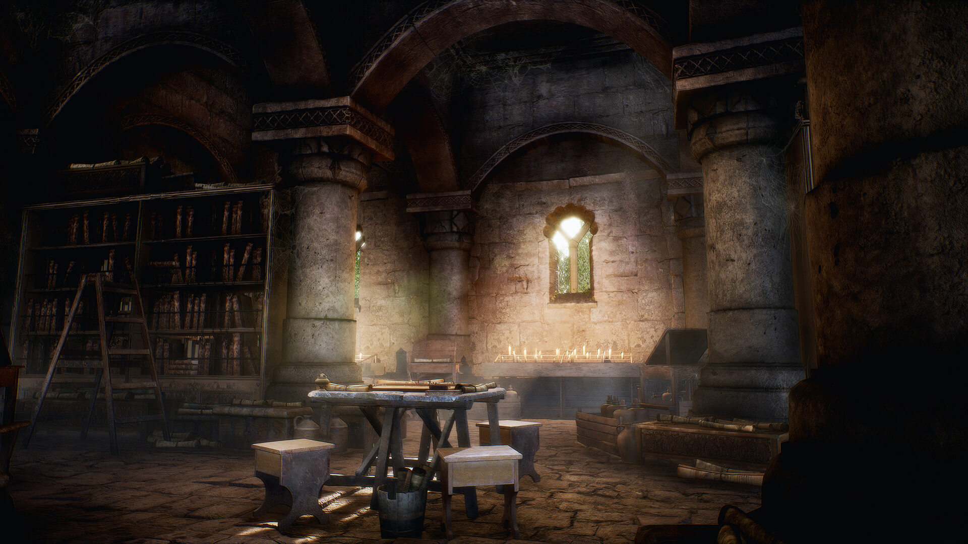 A medieval room with light flooding through a window