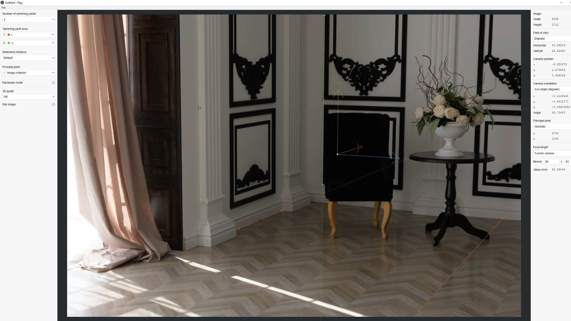 Screenshot of an indoor scene being camera matched in Maya using the fSpy tool