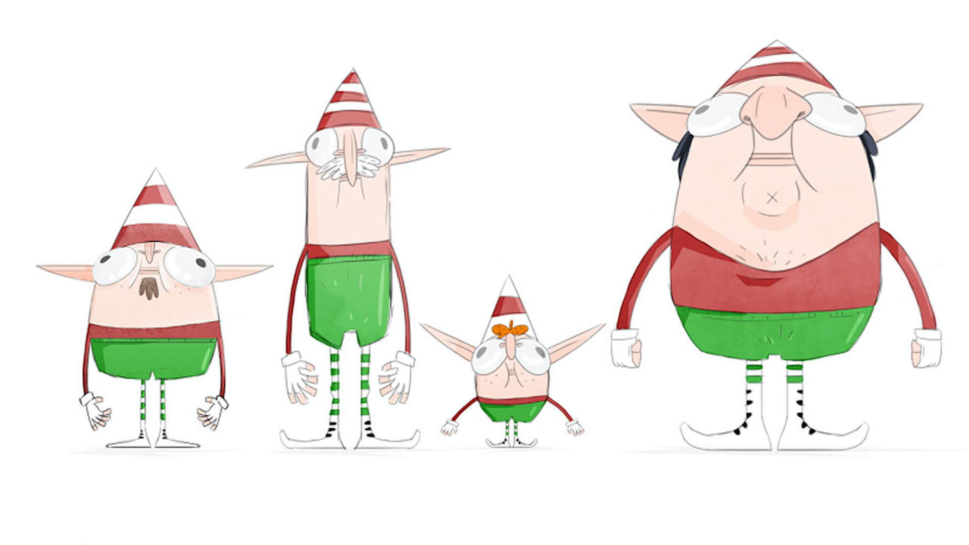 Sketches of four Christmas elves