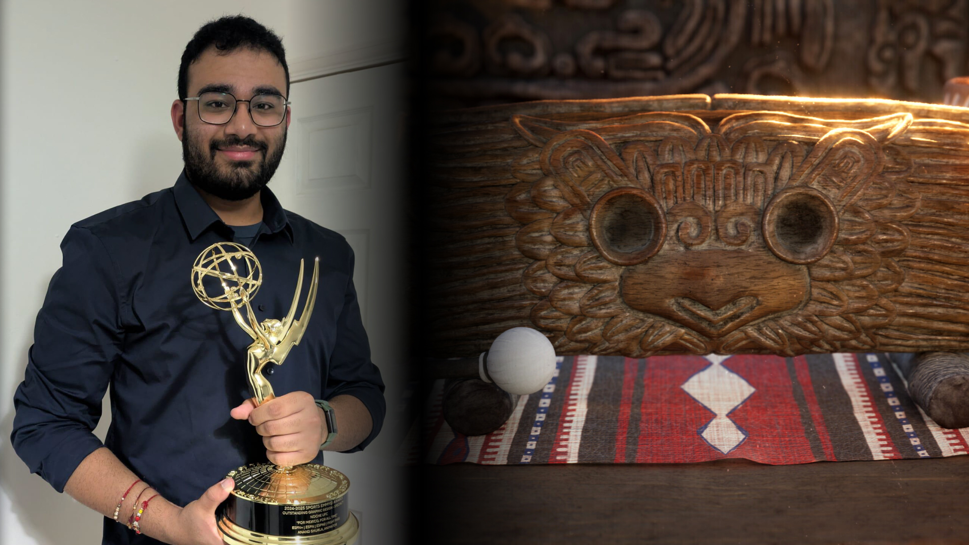 Image shows Anand Shukla holding an Emmy award, and a traditional drum asset he created for the winning project.