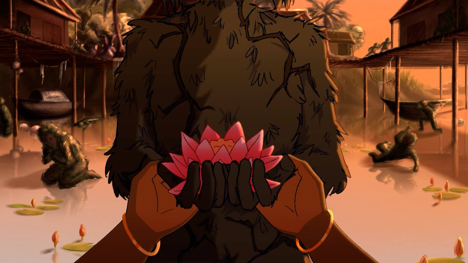 Animation student work showing a POV of a woman holding hands with a statue made of leaves and roots
