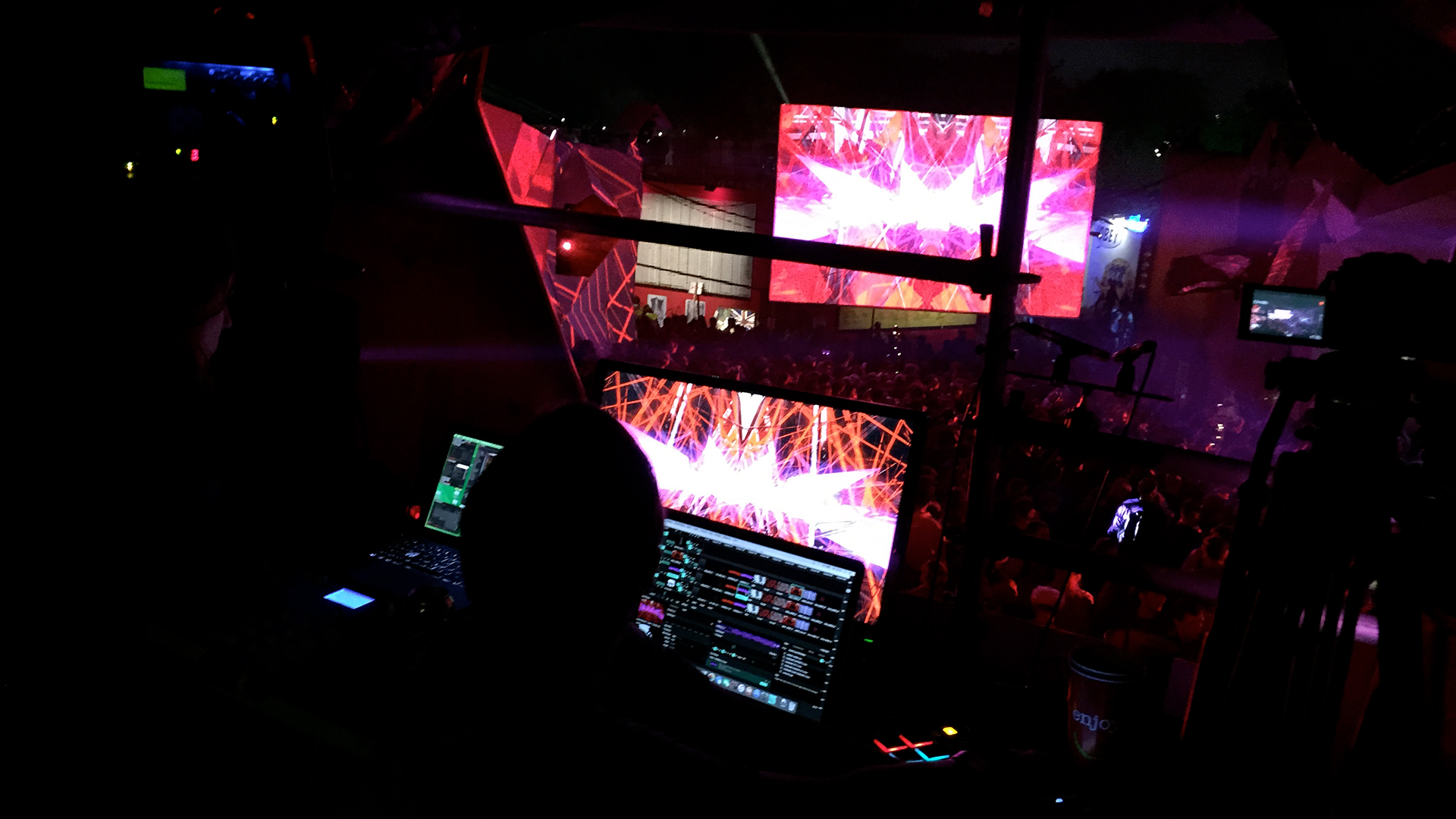 Immersive Media - Tech set up at a gig with a live audience and large screen