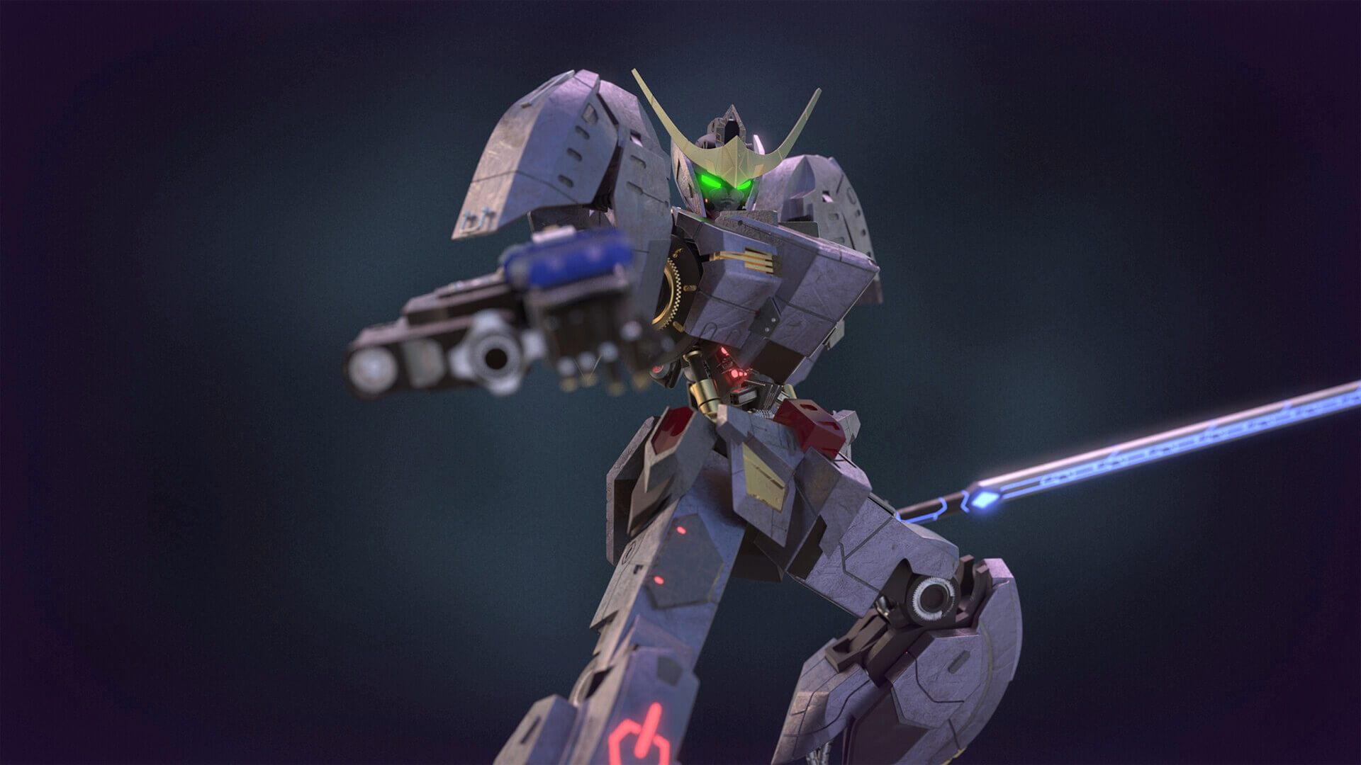 Futuristic robot with glowing green eyes, wielding a blue energy sword and pointing a weapon in a dynamic pose against a dark background.