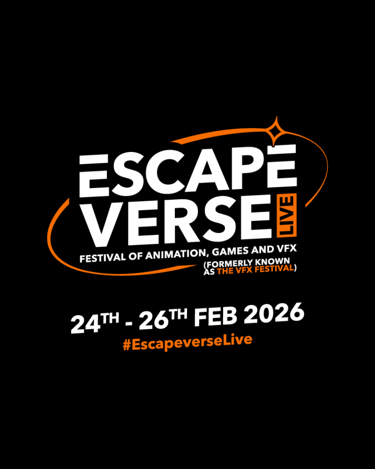 A black background with an orange and white text logo reading: ESCAPEVERSE LIVE: FESTIVAL OF ANIMATION, GAMES AND VFX (FORMERLY KNOWN AS THE VFX FESTIVAL). 24TH - 26TH FEB 2026. #EscapeverseLive